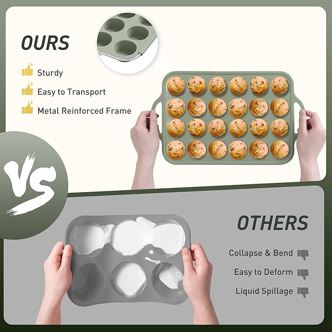 24 Cups Silicone Muffin Pan with Metal Reinforced Frame Mini Size Cupcake Pan Tray Egg Bites Silicone Circle Cookie Molds Little Small Muffin Tin Tart Pans Baking Sheet Set for Sandwiches