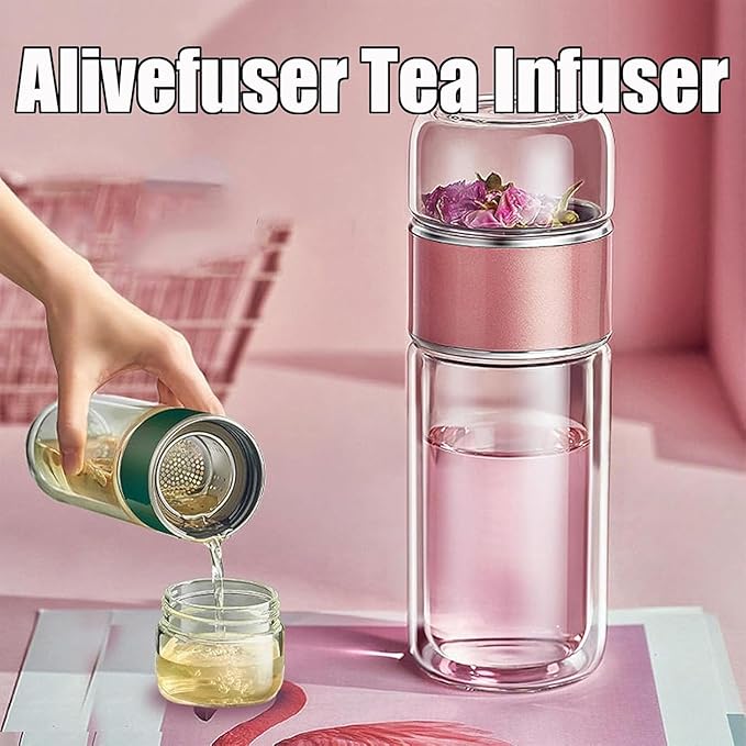 Tryteava Glass Infuser, Tryteava 3-in-1 Smart Tea Infuser, Portable Glass Double Wall Tea Infusers Bottle, with Stainless Steel Filter, Hot & Cold Brew, For Loose Leaf, Office Home (Black, 350ml)