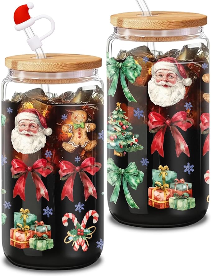 Santa Claus Glass, 16 Oz Winter Iced Coffee Glass with Straw and Lid, Perfect for Christmas and Holiday Celebration Decorations (One)