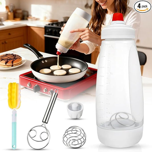Pancake Batter Dispenser Kit - 4.5-Cup Pancakes Mix Maker with Shaker Ball Stainless Steel Whisk and Brush,Squeeze Bottle for Cupcake,Muffin,Waffle,Crepe