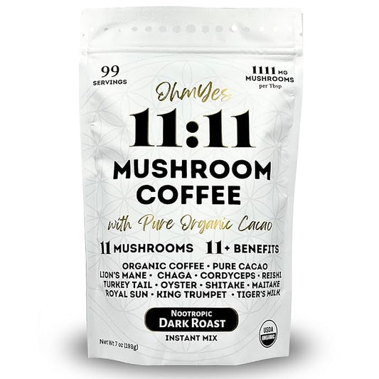 Organic Mushroom Coffee with Cacao – 11x Adaptogenic Mushrooms for Focus, Clarity & Energy – Lion’s Mane, Reishi, Chaga + Nootropic Superfood by OhmYes (7oz) - 99 Servings