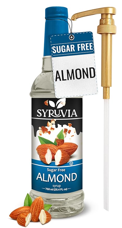 Syruvia Sugar Free Coffee Syrup, Almond Flavored Syrup for Drinks, Lattes, and Desserts – 25.4 fl oz, With Pump