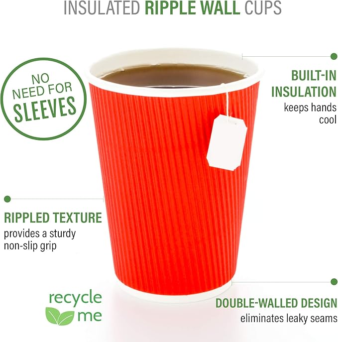 Restaurantware 8 Ounce Double Wall Disposable Coffee Cups, 500 Insulated Red Paper Tumblers with Ripple Wall Design, Lids Sold Separately for Hot Drinks like Tea, Hot Chocolate, and More