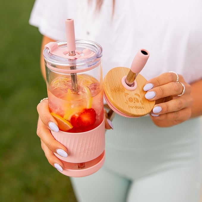 Pandaloo® Glass Cups With Lids and Straws -20 Fl Oz- Perfect Size Iced Coffee Cup - Smoothie Cup With Bamboo Lid and On the go Lid - Glass Tumbler (2 Count (Pack of 1), Boysenberry-Intense Teal)