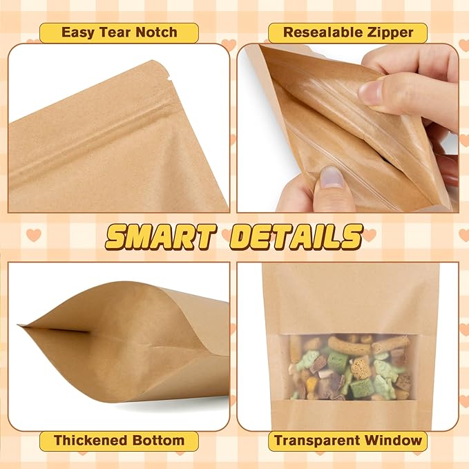Resealable Smell Proof Bag, 50 Pcs Zip Lock Bags with Window, Reusable Snack Bags, Stand Up Pouches Heat Sealable, Food Storage Baggies for Cookies, Herbs, Tea, Coffee, Spice, Jerky