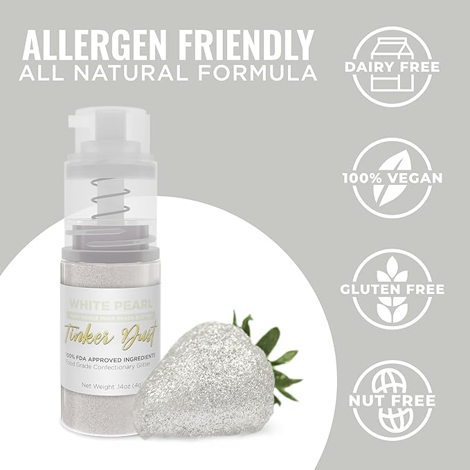 Bakell - White Tinker Dust (4g, 1x Mini Spray Pump) Edible Glitter for Food, Desserts, and Beverages!
