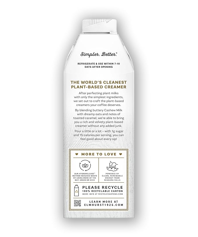 Elmhurst 1925 Caramel Brulee Cashew Creamer - Dairy-Free, Vegan, Kosher, Low Sugar, Shelf Stable Creamer Made with Cashew & Oat Milk for Healthier Coffee, Latte and Smoothies - 25.4 Ounce (Pack of 6)