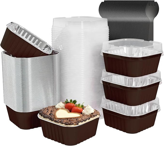 50 Pack Square Mini Cake Pans with Lids,Mini Loaf Pans with Lids,Aluminum Foil Baking Cups,Disposable Ramekins Cupcake Cups,Dessert Cups for Wedding Birthday Party Picnics,5oz (Coffee)