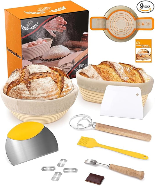 Banneton Basket Set of 2, 10" Oval & 9.7" Round Banneton Bread Proofing Basket with Liners, Bread Lame, Silicone Baking Mat, Danish Whisk, Brush, Proofing Bowls Sourdough Starter Kit Tools