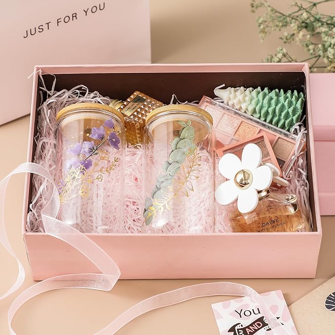NETANY 2 Pack Glass Cups with Bamboo Lids and Straws 16 oz, Gifts for Women, Drinking glasses set, Iced Coffee, Tea Cup, Cute Aesthetics Tumbler Cup, Mothers Day, Birthday Gifts for Her Mom