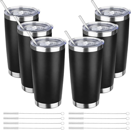 20oz Tumbler Bulk with Lid and Straw, Stainless Steel Double Wall Vacuum Insulated Travel Mug, Powder Coated Coffee Cups for Hot and Cold Drinks,Funny Gifts for Women Men(Black,6)