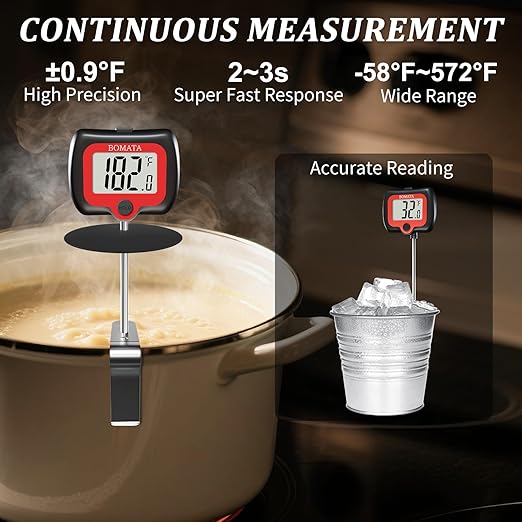 BOMATA Candy Thermometer with Pot Clip, Instant Read Cooking Thermometer with 8" Long Probe, Rotating Display, for Candy Making, Food, Candle Making, Liquids, Water, Baking, Sugar, Grilling. Black