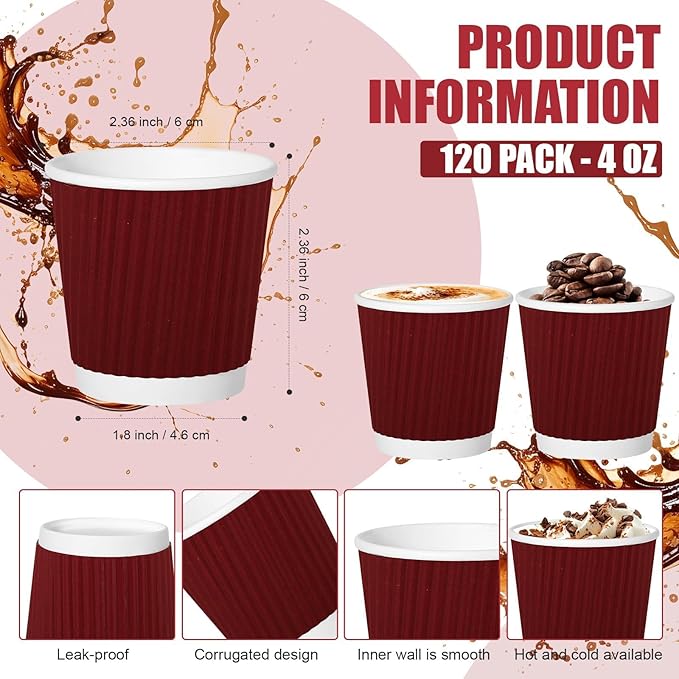 120 Pack Paper Espresso Coffee Cups, 4 oz Disposable Coffee Cups,Corrugated Insulated Ripple Wall, Paper Ripple Cup for Coffee, Hot Chocolate and Hot Tea Drinks -Red