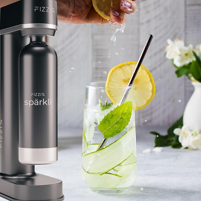Stainless Steel Black Sparkling Water and Soda Maker Machine with 3 Black Stainless Steel 1L Re-Usable Bottle