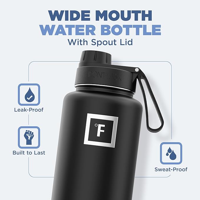 IRON °FLASK Camping & Hiking Hydration Flask with 3 Lids - Stainless Steel, Double Walled & Vacuum Insulated Water Bottle - Leak Proof & BPA Free (Dark Night, Spout - 32 oz)