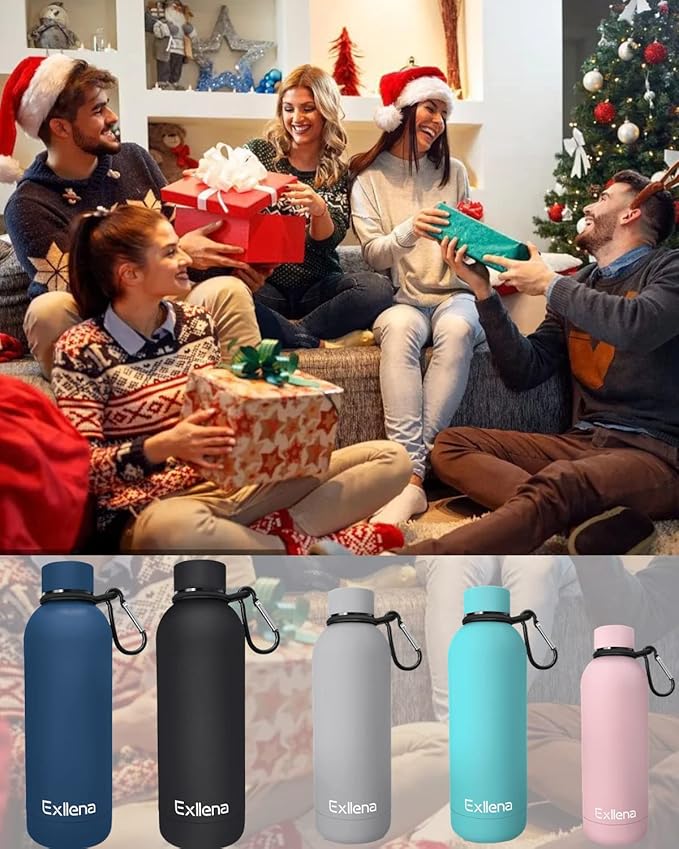 Slim Insulated Water Bottles for Travel 18oz with Clip, Double Wall Vacuum Stainless Steel Water Bottle Keeps Drinks Cold 24 Hrs/Hot 12 Hrs, 100% Leakproof, BPA Free(Black)