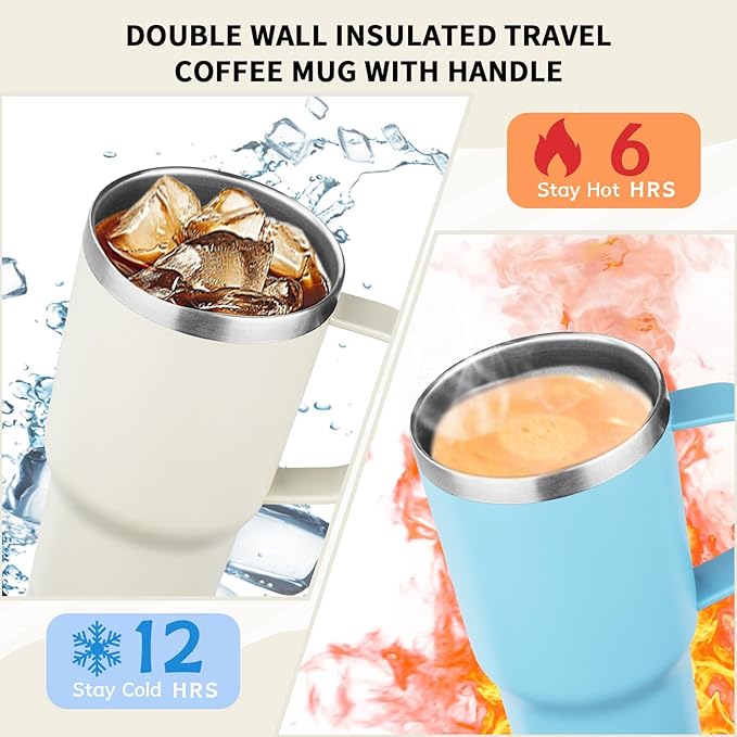 20oz Insulated Tumbler with Handle Stainless Steel Travel Coffee Mug with Lid and Straw Double Wall Vacuum Leak-proof Reusable Thermal Water Cup for Hot and Cold Drinks (Multicolor-4,4 Pack)