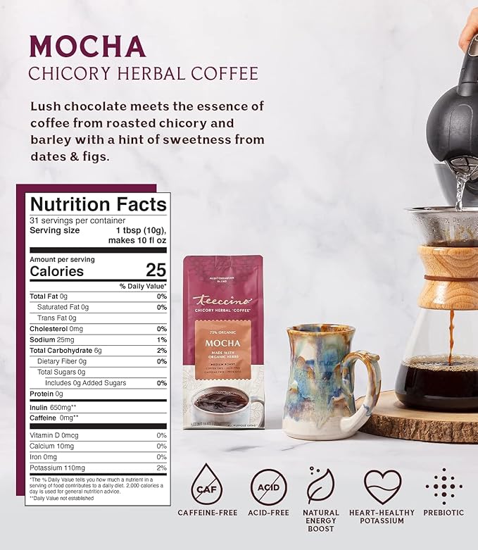 Teeccino Mocha Chicory Coffee Alternative - Ground Herbal Coffee That’s Prebiotic, Caffeine-Free & Acid Free, Medium Roast, 11 Ounce (Pack of 6)