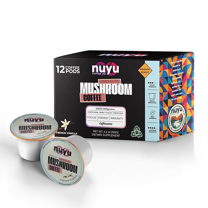 Nuyu Mushroom Coffee Pods, K-Cups, 100% Medium Roast Arabica Coffee with Lion's Mane, Reishi, Chaga, Cordyceps, 2000mg per Pod (12, French Vanilla)