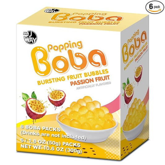 J WAY Bursting Popping Passion Fruit Boba Pearls, Passion Fruit Syrup, Non-Dairy, Fat-Free Popping Tapioca Boba for Beverages, Sweets, Ice Cream, 1.8oz (Pack of 6)