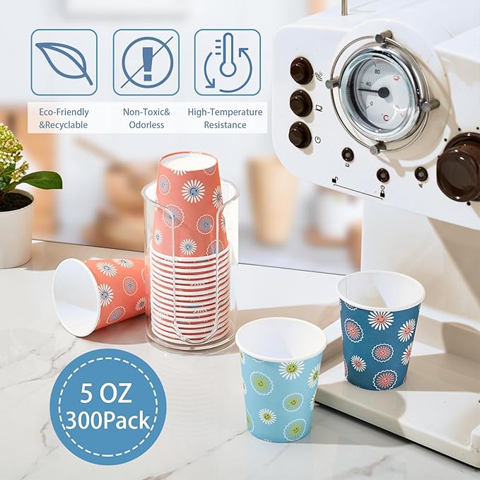 300 Pack 5 oz Paper Cups, Disposable Bathroom Cups, Small Mouthwash Cups, Hot/Cold Beverage Drinking Mini Cup for Party, Picnic, BBQ, Travel (Daisy)