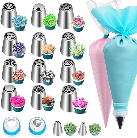 Russian Piping Tips Set – 12 Flower Frosting Nozzles, 2 Leaf Piping Tips, 2 Couplers, 20 Pastry Bags & 1 Reusable Bag – Large & Mini Russian Piping Tips for Cake Decorating, Cupcakes, Cookies