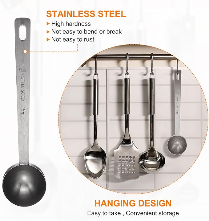 HARFINGTON 3pcs Coffee Scoop Spoon 1tbsp (3tsp, 15ml) 304 Stainless Steel Long Handle Teaspoon/Tablespoon Measuring Spoons Scoops for Tea Sugar Kitchen, Black