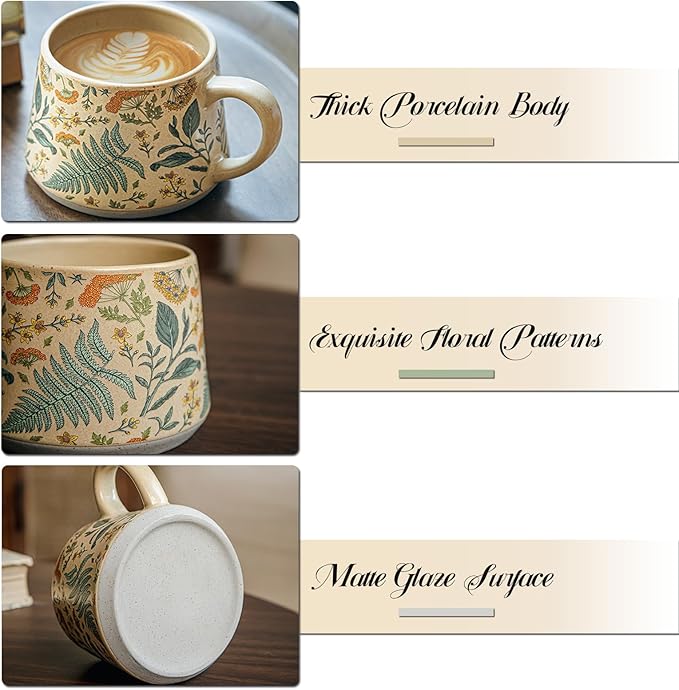 Floral Coffee Cup, 12oz Ceramic Hand Painted Porcelain Mug with Premium Gold Spoon, Cup for Cappuccino, Macchiato, Latte, Cafe, Tea, Unique Gift Idea (Summer's Whispers)