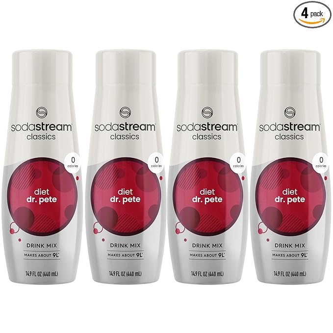 SodaStream - Diet Dr Pete Beverage Mix - For Soda Water Makers - Turns 9.5 Gallons of Sparkling Water into delicious Diet Dr Pete - No sugar or HFCS - 14.9 Fl Oz, Pack of 4