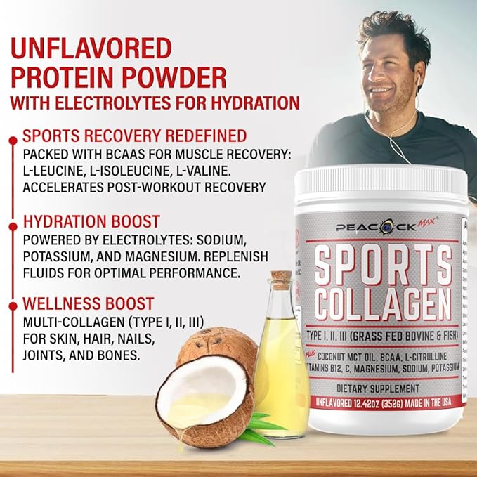 Sports Collagen Powder, 12.42 oz, Pack of 3 - Grass Fed Bovine & Wild Fish Hydrolyzed Type I, II, III Multi Collagen Peptides, Unflavored Protein Powder with BCAA, Magnesium & Electrolytes