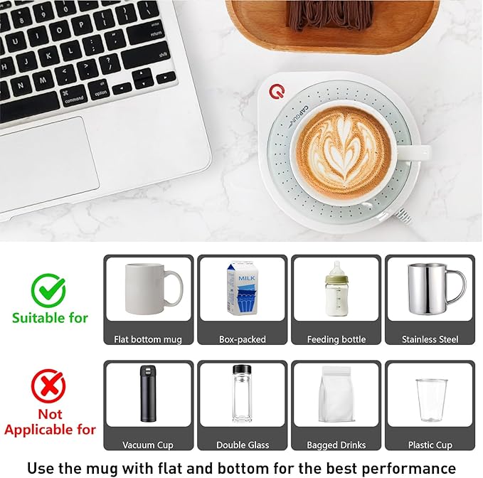 Electric Coffee Mug Warmers for Desk, 75℃ Precision Heating & Auto Shut Off, Spill-Proof Cup Warmer for Coffee/Tea/Milk/Hot Chocolate (White)