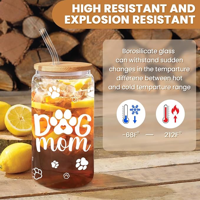 Dog Mom Cup 16 Oz Can Glass Coffee Mug with Bamboo Lid & Straw - Dog Lover Gifts for Women - Dog Mom Gift for Birthday Mothers Day