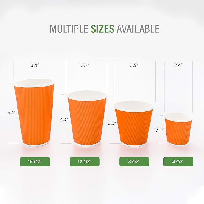 Restaurantware 8 Ounce Double Wall Disposable Coffee Cups, 25 Insulated Orange Paper Tumblers with Ripple Wall Design, Lids Sold Separately for Hot Drinks like Tea, Hot Chocolate, and More