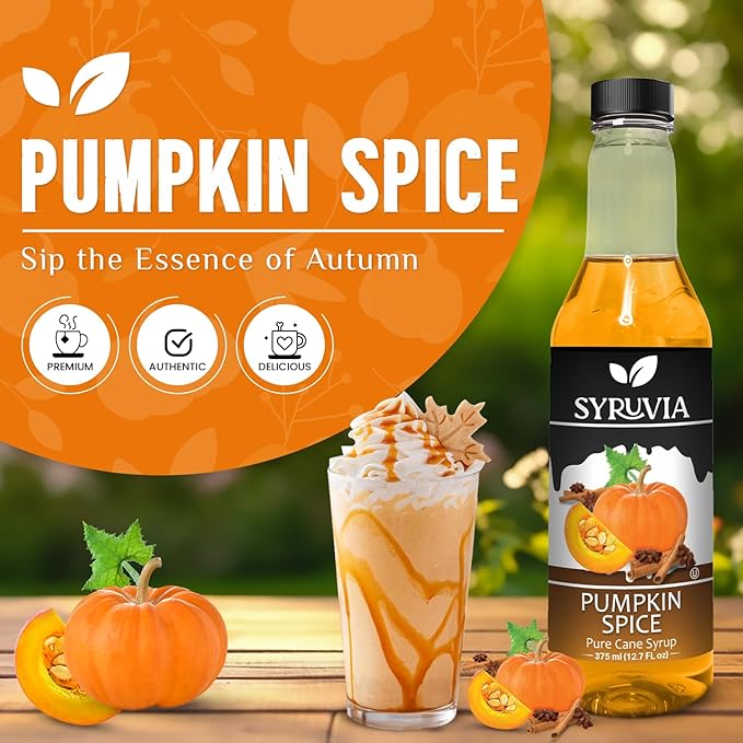 Syruvia Pumpkin Spice Coffee Syrup - 12.7 fl oz (375 ML) Premium Holiday Coffee Flavoring Syrup - Kosher Coffee Syrups, Gluten Free, No Coloring, Perfect for Drinks, Soda, Shakes, Desserts, and More.