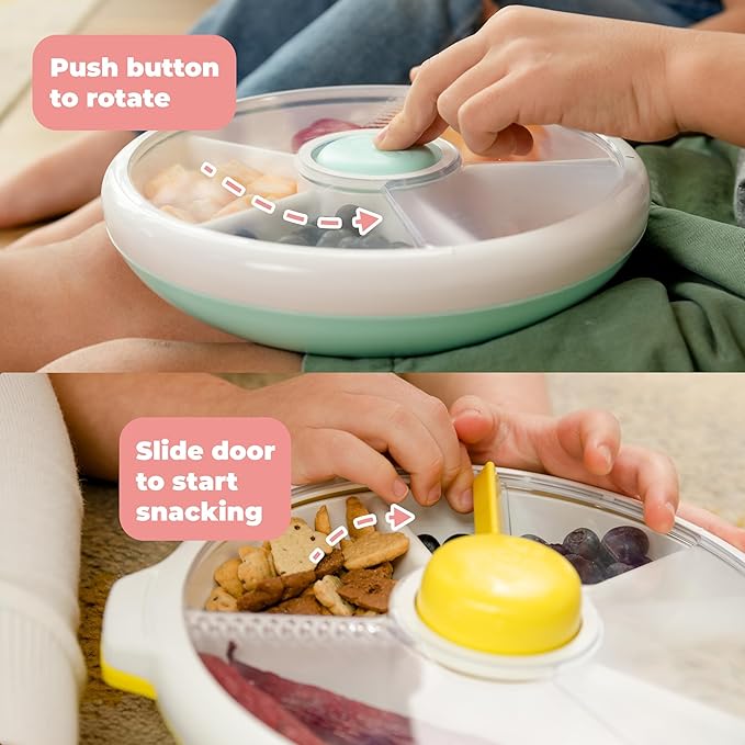 GoBe Kids Large Snack Spinner Slide Bundle with Hand Strap and Sticker Sheet - Reusable Snack Container with 4 Compartment Dispenser and Lid | BPA/PVC Free | Dishwasher Safe | No Spill - Mint Green