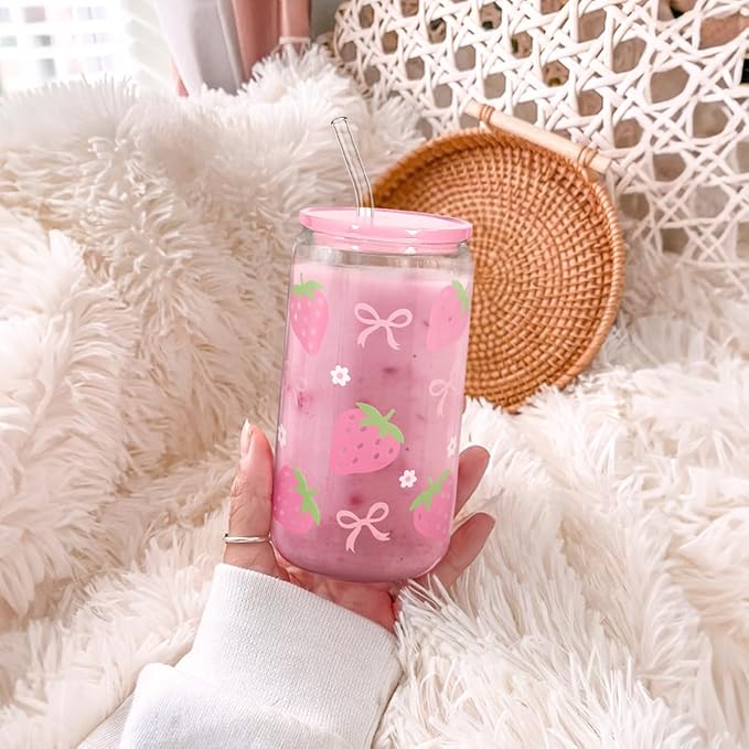 Strawberry 16 Oz Can Glass Tumbler with Acrylic Lid and Straw - Iced Coffee Cups for Women, Aesthetic Glass Cup Gift for Birthday Christmas