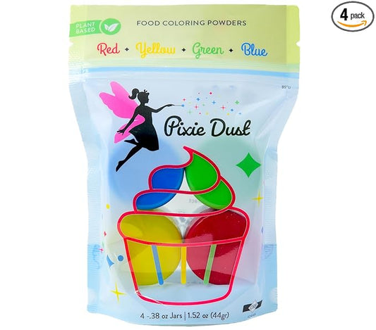 Dye-Free Food Coloring Powder set: Red, Blue, Green and Yellow. Plant-Based/All Natural/Non-Carmine/Non-Annatto/FLAVORLESS by PIXIE DUST (Large .35 oz Each Color 1.4 oz /44gr Total)