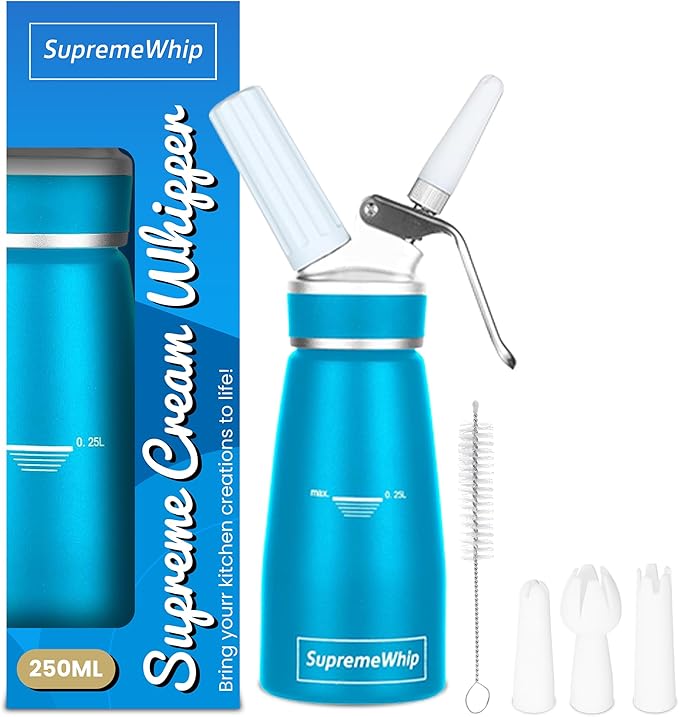 Pro Cream Dispenser, Durable High-Grip, Metal Lid with Rubber, 3 Nozzles, for Hot/Cold Use, Cleaning Brush Included, Blue - 250ml /1 Pint