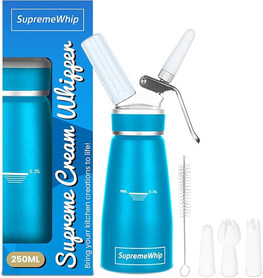 Pro Cream Dispenser, Durable High-Grip, Metal Lid with Rubber, 3 Nozzles, for Hot/Cold Use, Cleaning Brush Included, Blue - 250ml /1 Pint