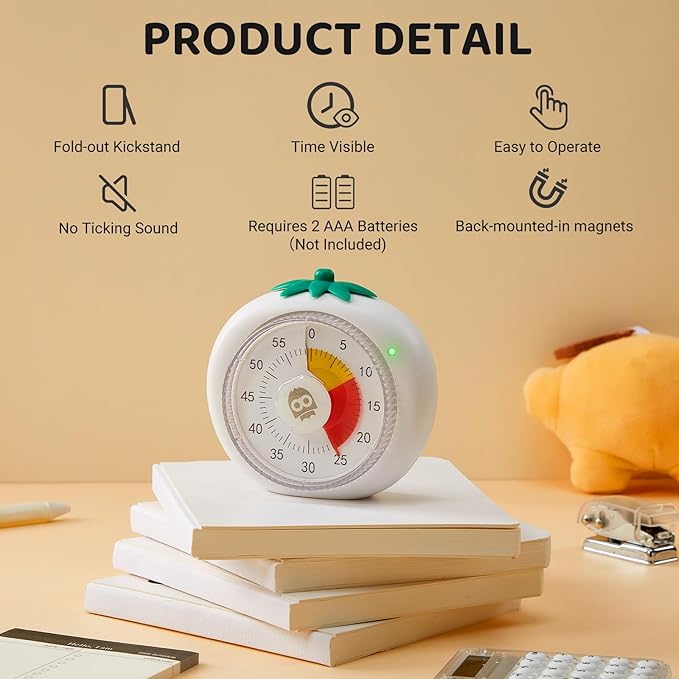 Visual Timer for Kids & Adults – 4-Color Zone Countdown Timer, 60-Min Silent Pomodoro Timer for ADHD Focus, Study, Cooking & Time Management Tool
