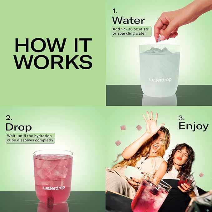 Waterdrop Hydration Cubes with Vitamin C, B Vitamins, and Electrolytes, Raspberry Flavor, Flavored Water Enhancer Cubes for Still & Sparkling Water, Low Calorie, Sugar Free Electrolytes, 48 Count