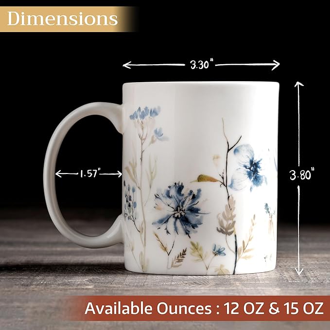 Maison d' Hermine Coffee Mug with Handles Fine Bone China Mugs Pack of One Tea Cups for Hot Beverages Cappuccino Latte Home Restaurant Office Perfect for Gift (Ice Florals - Forsty Morning, 15 Ounce)