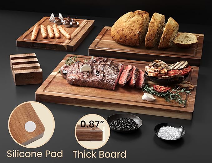Acacia Wood Cutting Boards for Kitchen(Set of 3),Wooden Chopping Boards Set with Juice Groove, Large Serving Board with Holder,Butcher Block for Meat,Vegetables,Fruit