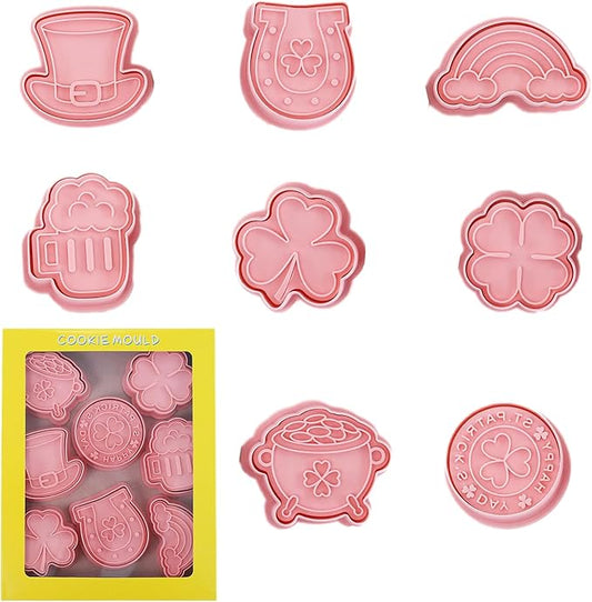 St. Patrick's Day Cookie Cutters, 8Pcs 3D Plastic Cookie Molds Cartoon Shamrock Four Leaf Clover Horseshoe Biscuit Cutters for Irish Holiday Party Baking Cutting Tool (D8)