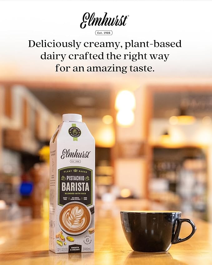 Elmhurst 1925 Pistachio Milk Barista Edition – 32 Ounce (Pack of 6) Plant-Based, Vegan, Dairy-Free, Non-GMO, Kosher, Froths for Lattes & Iced Coffee, 3g Protein per Serving, Simple Ingredients