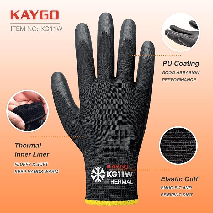 KAYGO Winter Work Gloves for Men and Women, 12 Pairs Thermal Insulated Safety Work Gloves PU Coated, Smooth Grip on Palm & Fingers,Ideal for Freezer Work,Black,S