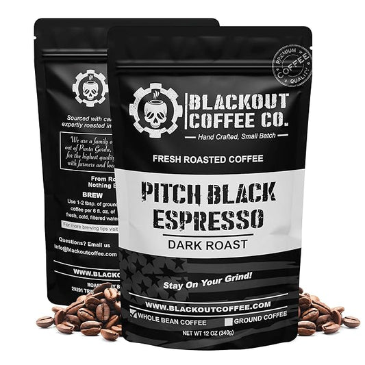 Blackout Coffee Pitch Black Espresso Whole Bean Coffee – Extra Dark Roast, European-Style, Powerfully Bold – Freshly Roasted 12oz Bag, American Made
