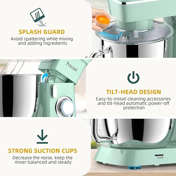 Stand Mixer, 6QT 10+P Speed Tilt-Head Kitchen Electric Mixer, Food Mixer with Stainless Steel Bowl, Dough Hook, Flat Beater, Wire Whisk, Splash Guard for Daily Use -Green