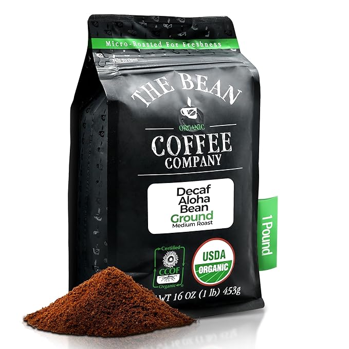 The Bean Organic Coffee Company Water Processed DECAF Aloha Bean (Hawaiian Hazelnut), Medium Roast, Ground Coffee, 16-Ounce Bag, Café Molido Tostado Orgánico descafeinado