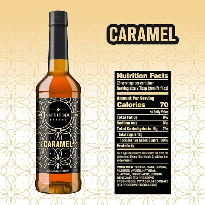 NEW Café Le Rou Variety 25.4oz Vanilla, French Vanilla, Caramel, Hazelnut (Variety, 4-pack) *Includes 4 Coffee Syrup Dispensers for Coffee, Tea and Espresso